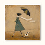 Original Hand Painted Umbrella Dog Fishing Painting Whimsical Storybook Wall Art-SJ#0188