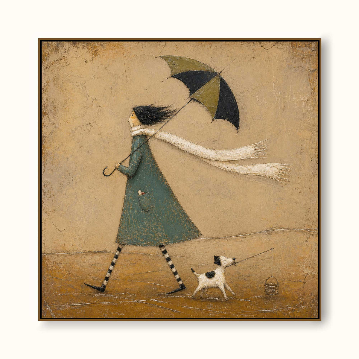 Original Hand Painted Umbrella Dog Fishing Painting Whimsical Storybook Wall Art-SJ#0188