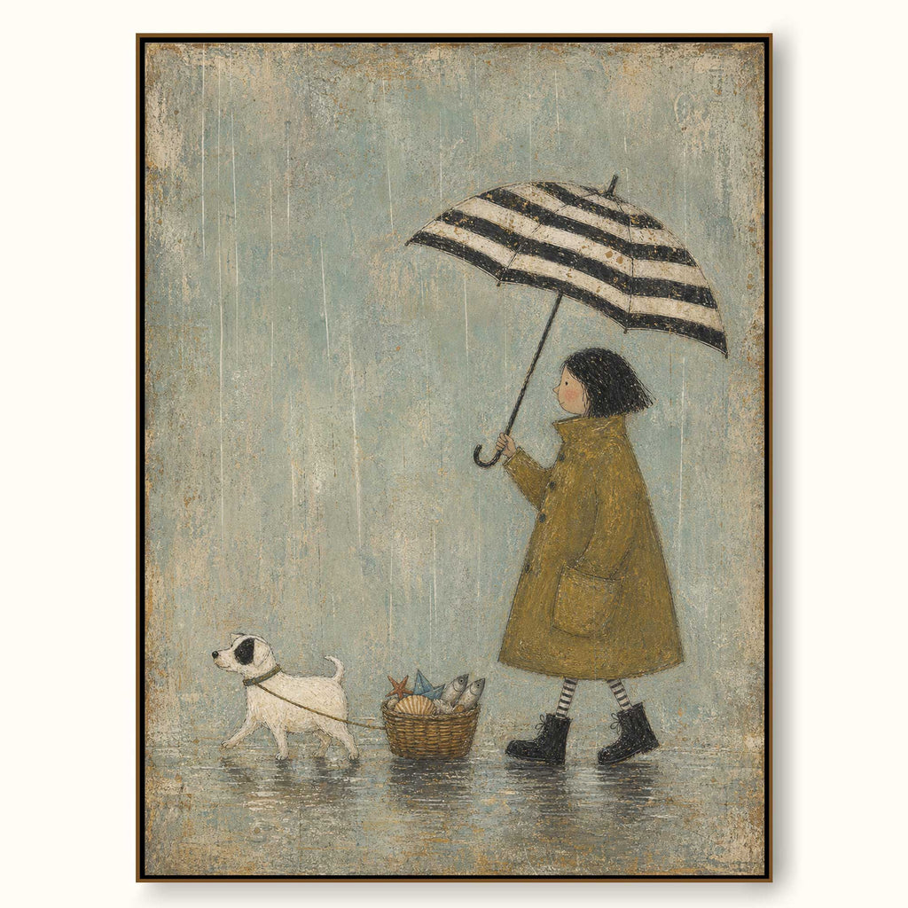 Rainy Day Dog Canvas Wall Art Striped Umbrella And Fish Basket Vintage Decor-SJ#0196