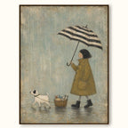 Rainy Day Dog Canvas Wall Art Striped Umbrella And Fish Basket Vintage Decor-SJ#0196