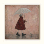 Rainy Day Painting Red Coat Woman Canvas Wall Art Soft Minimalist Decor-SJ#0190