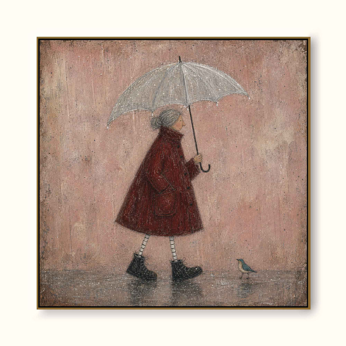 Rainy Day Painting Red Coat Woman Canvas Wall Art Soft Minimalist Decor hand-painted wall art | Seegart