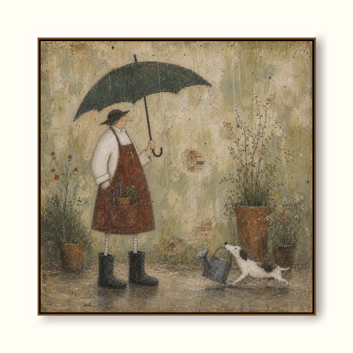 Vintage Gardener With Dog Painting In Earthy Tones For Cozy Home Decor-SJ#0184