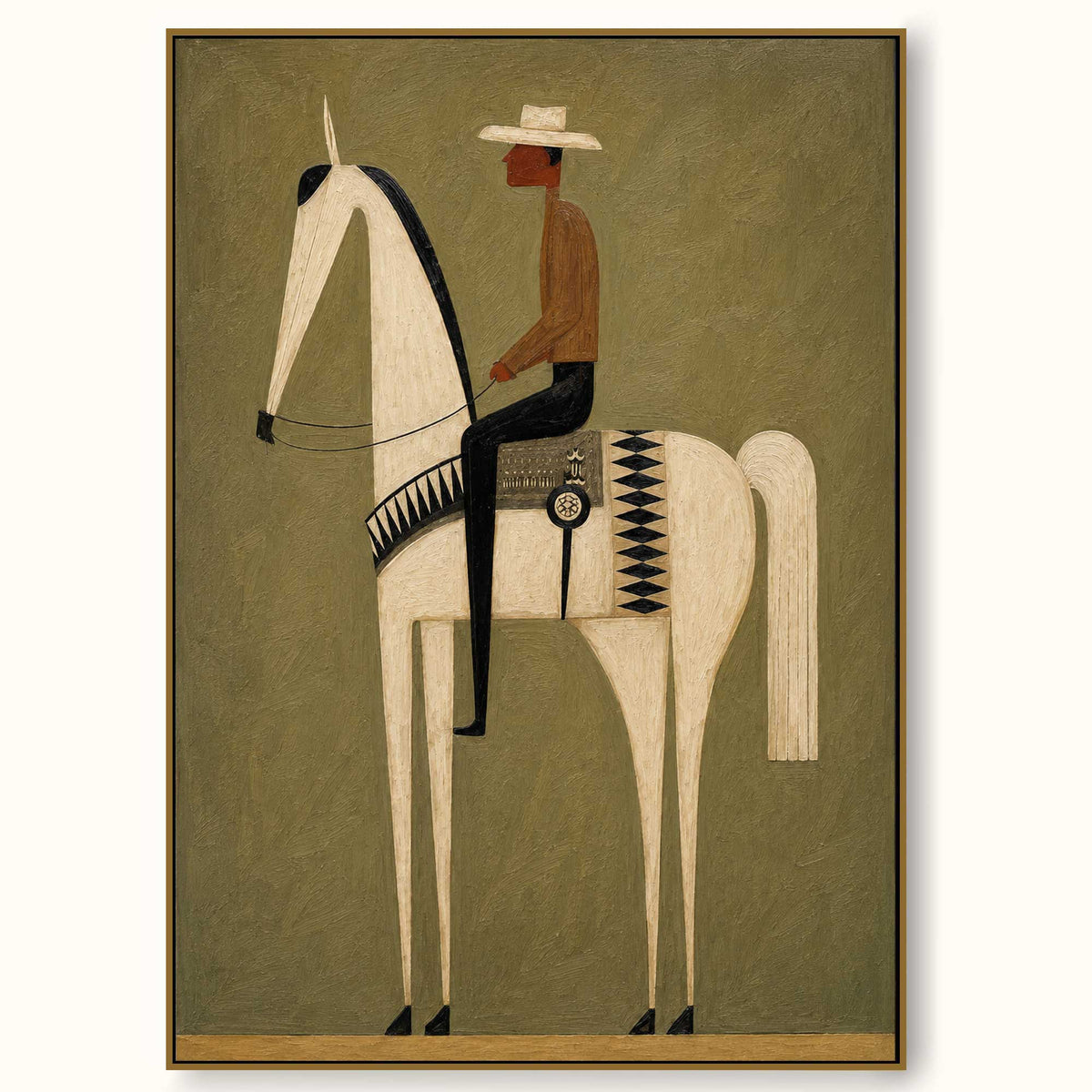 Vintage Minimalist Horse And Cowboy With Earthy Green Tones For Modern Home Decor - Main Product Image | Seegart