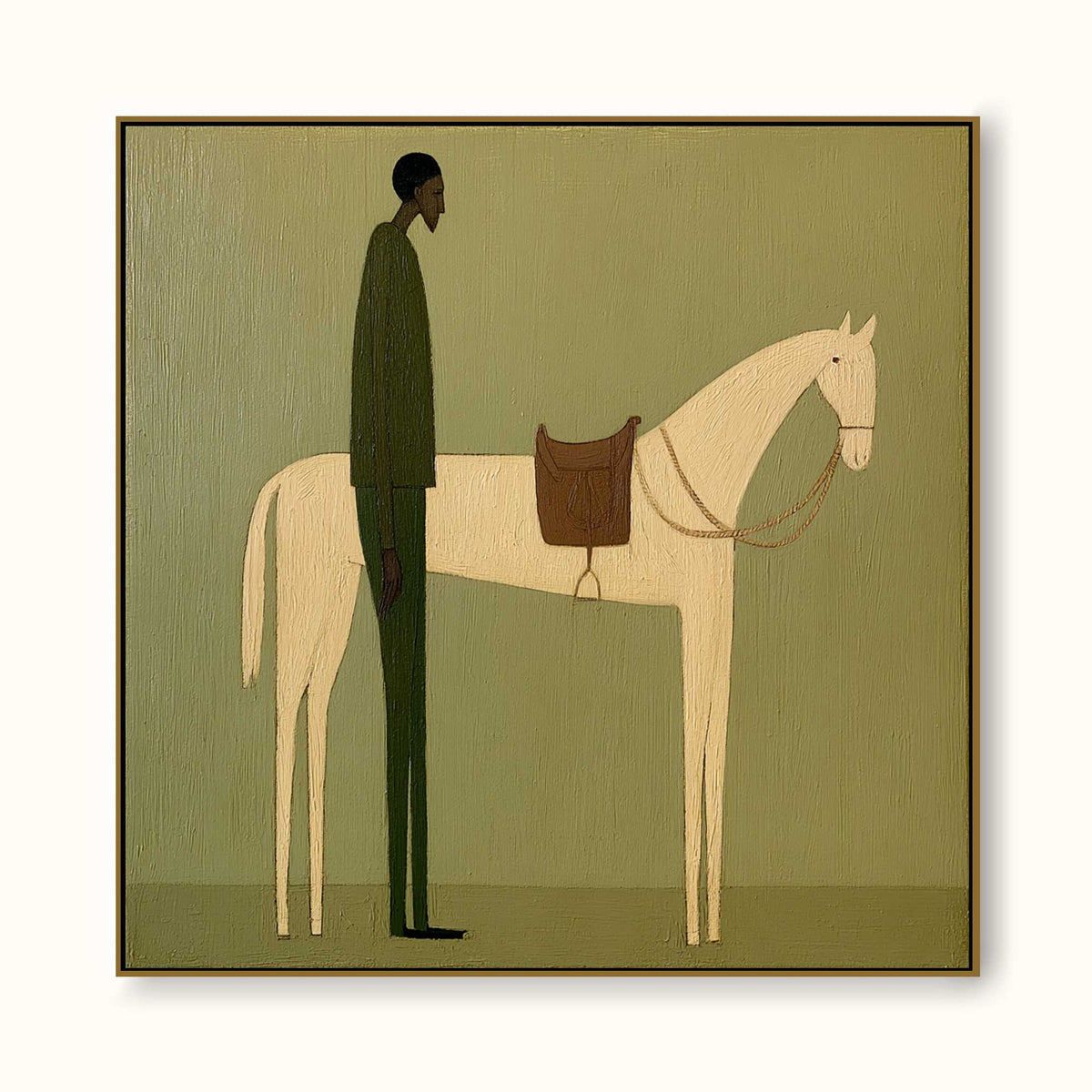 Vintage Minimalist Oil Painting Of Man With Horse In Large Framed Canvas Art - Main Product Image | Seegart