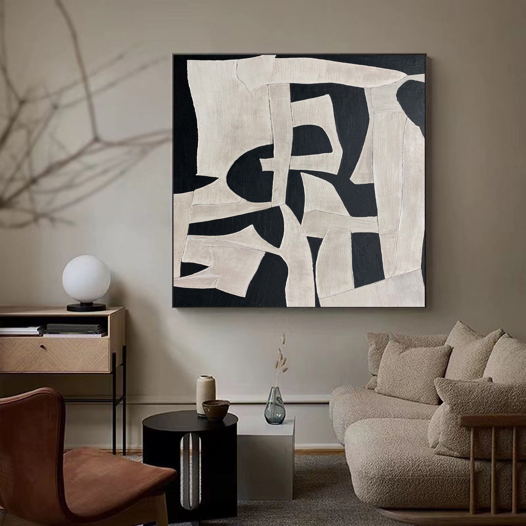 Large Black White Abstract Painting Contemporary Textured Wall Art Modern Minimalist Canvas - In Room Setting | Seegart Wall Art