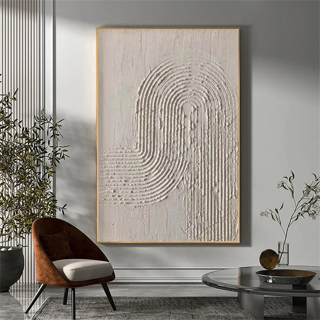 Textured Beige Arch Painting Large White Minimalist Wall Art Contemporary Canvas Art for Living Room - SJ#0308