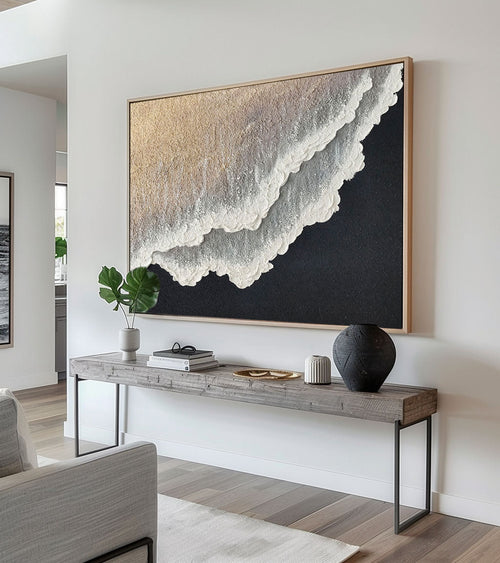 3D White And Black Minimalist Ocean Waves Art Large White And Black Minimalist Beach Pain-SJ#0201