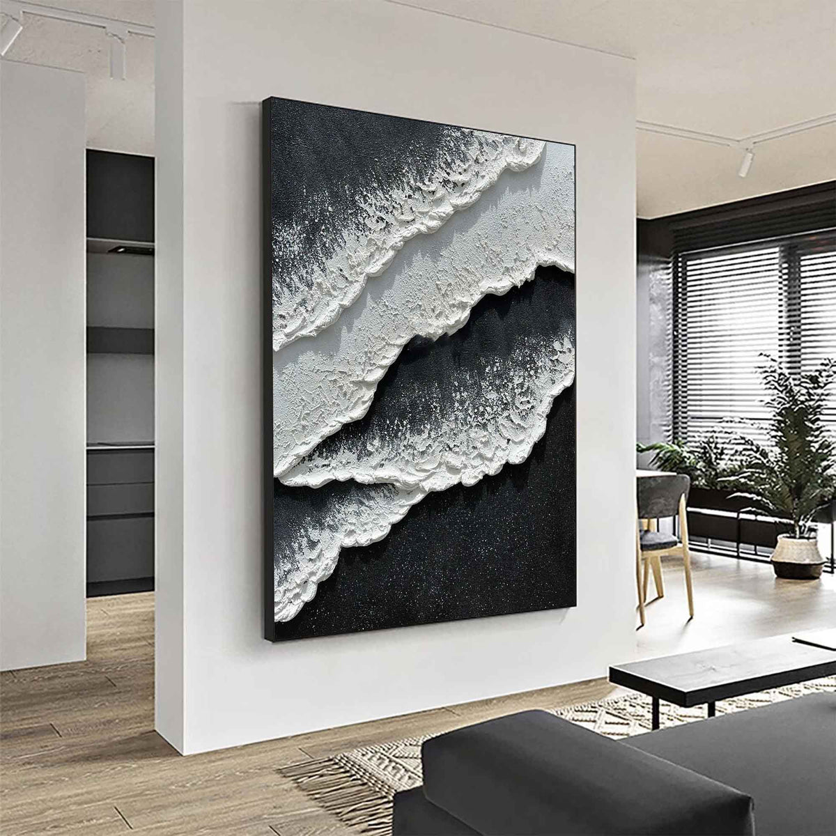 3d Black White Wave Painting On Canvas Minimalist Bl-SJ#0207
