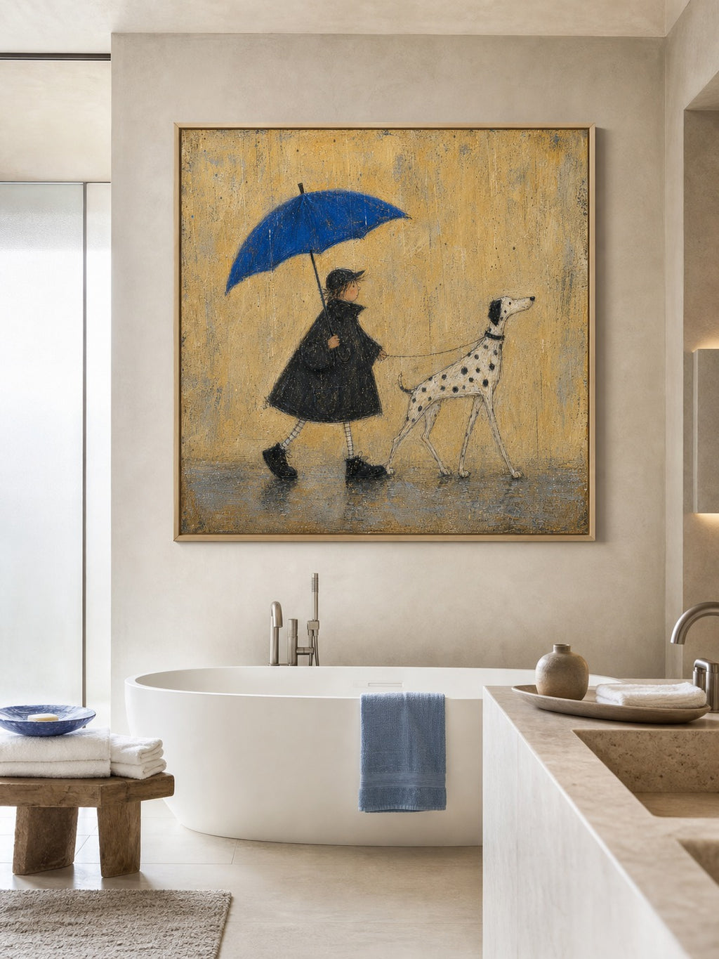 Dog Painting On Canvas Boy And Dalmatian Wall Art Blue Umbrella Decor-SJ#0189