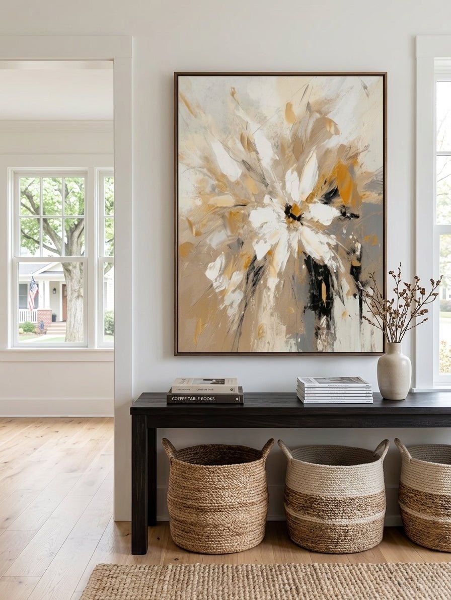 Gold Abstract Floral Wall Art, Neutral Abstract Floral Painting - In Room Setting | Seegart Wall Art