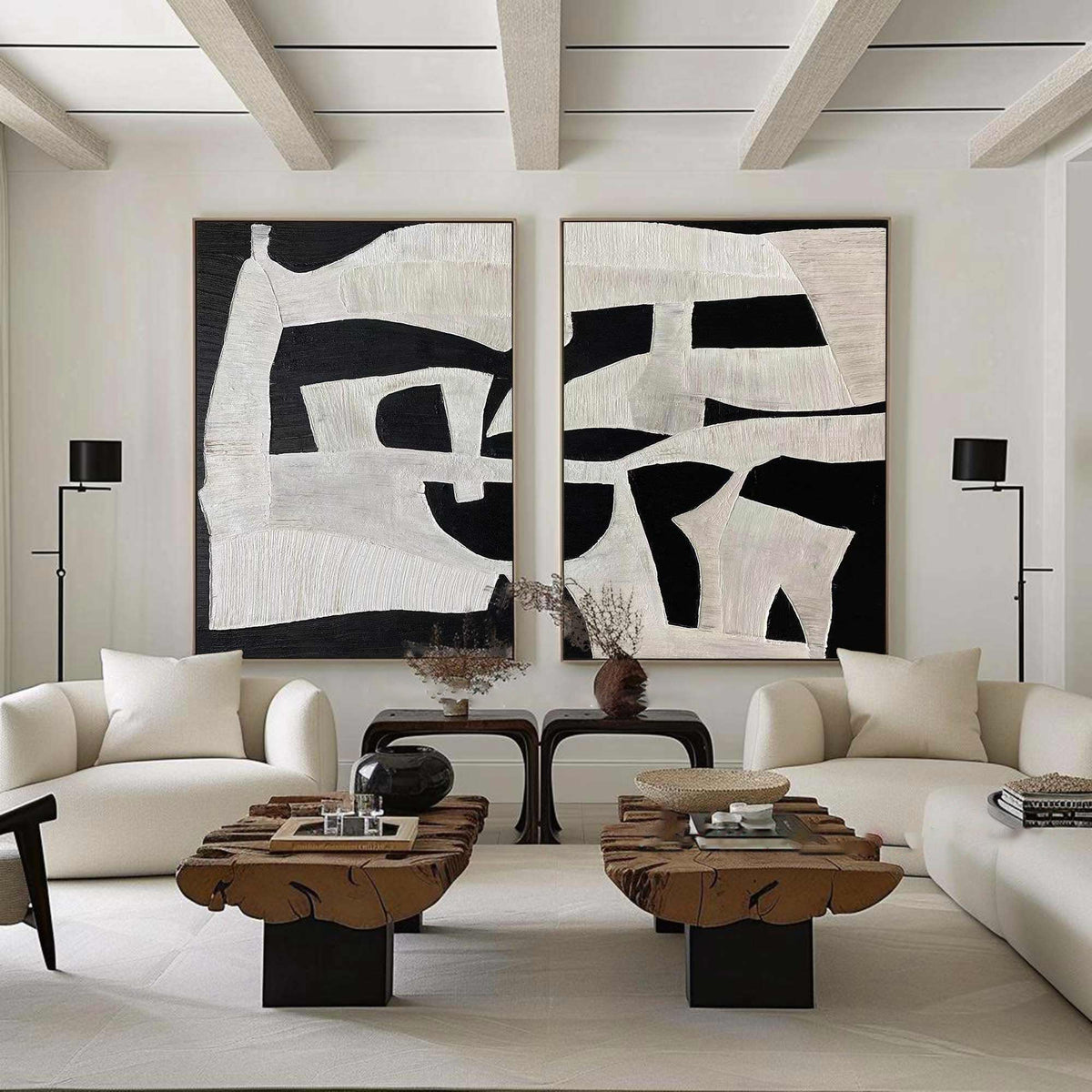 Black & White Textured Wall Art Modern Abstract Painting Set of 2 Minimalist Canvas - View 3 | Seegart Abstract Art