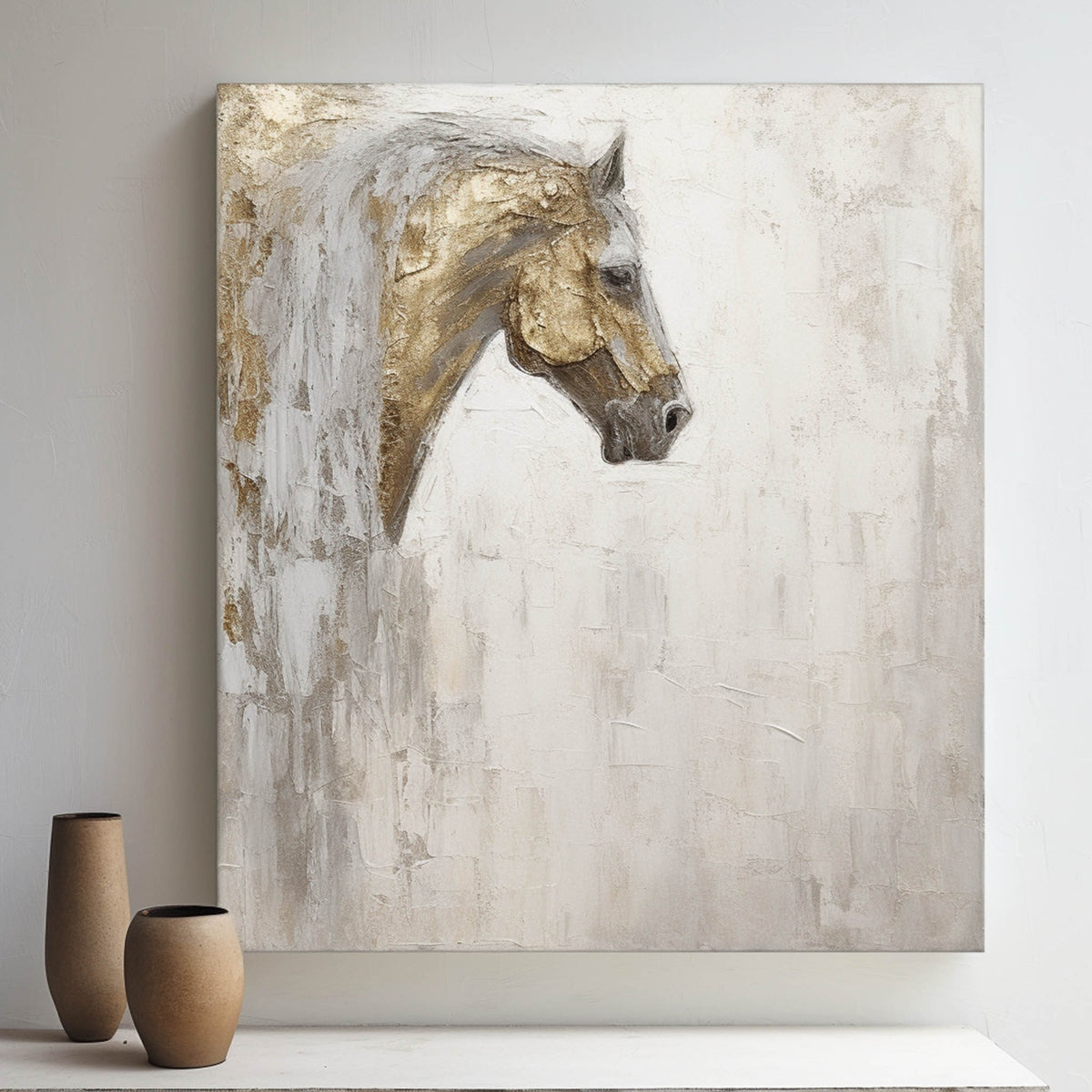 Large Horse Texture Painting Gold and Gray Horse Canvas Art Wabi-Sabi Wall Art Horse Oil Painting – SJ#0144