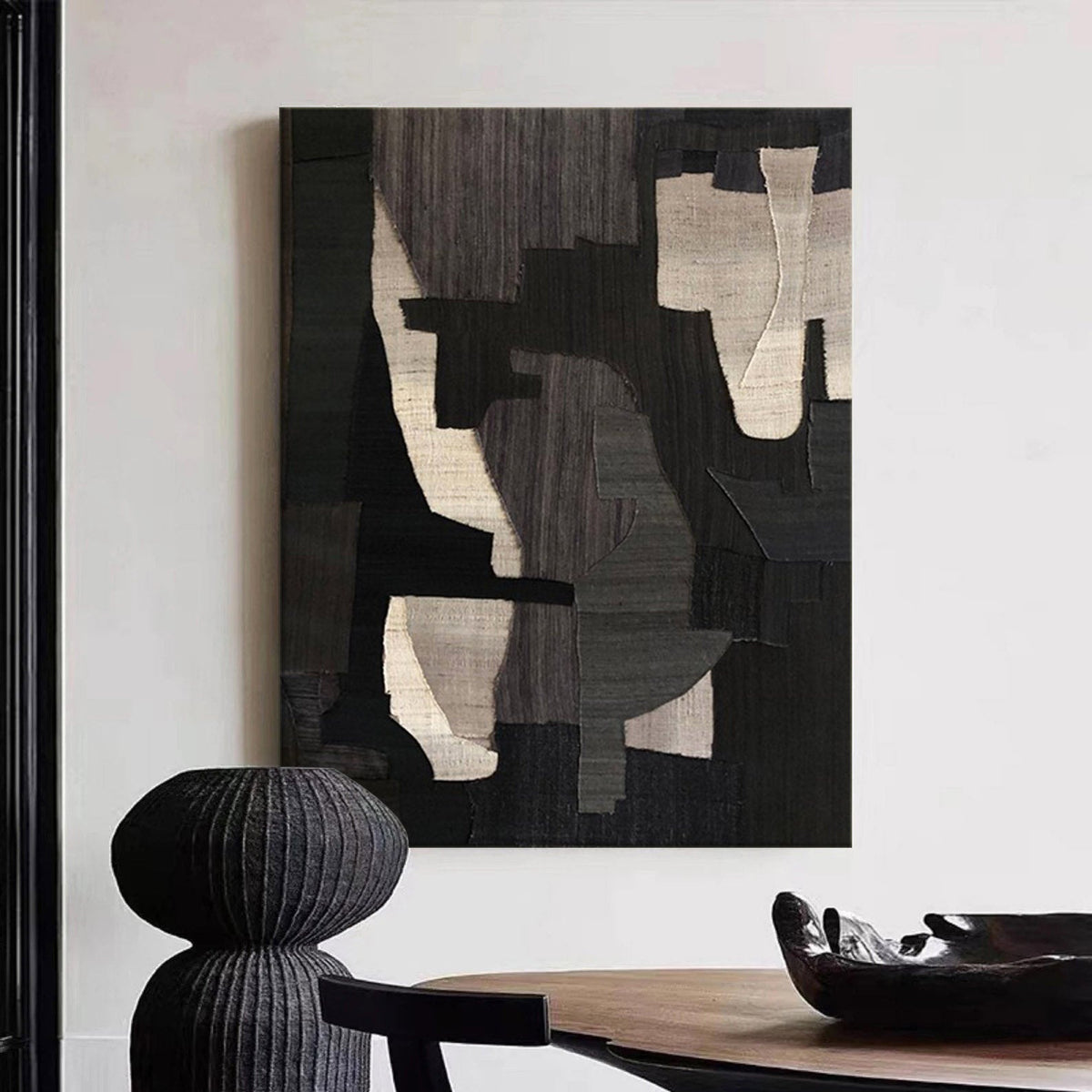 Large Textured Minimalist Abstract Geometric Painting Black Wabi Sabi Minimal Wall Art-SJ#0256
