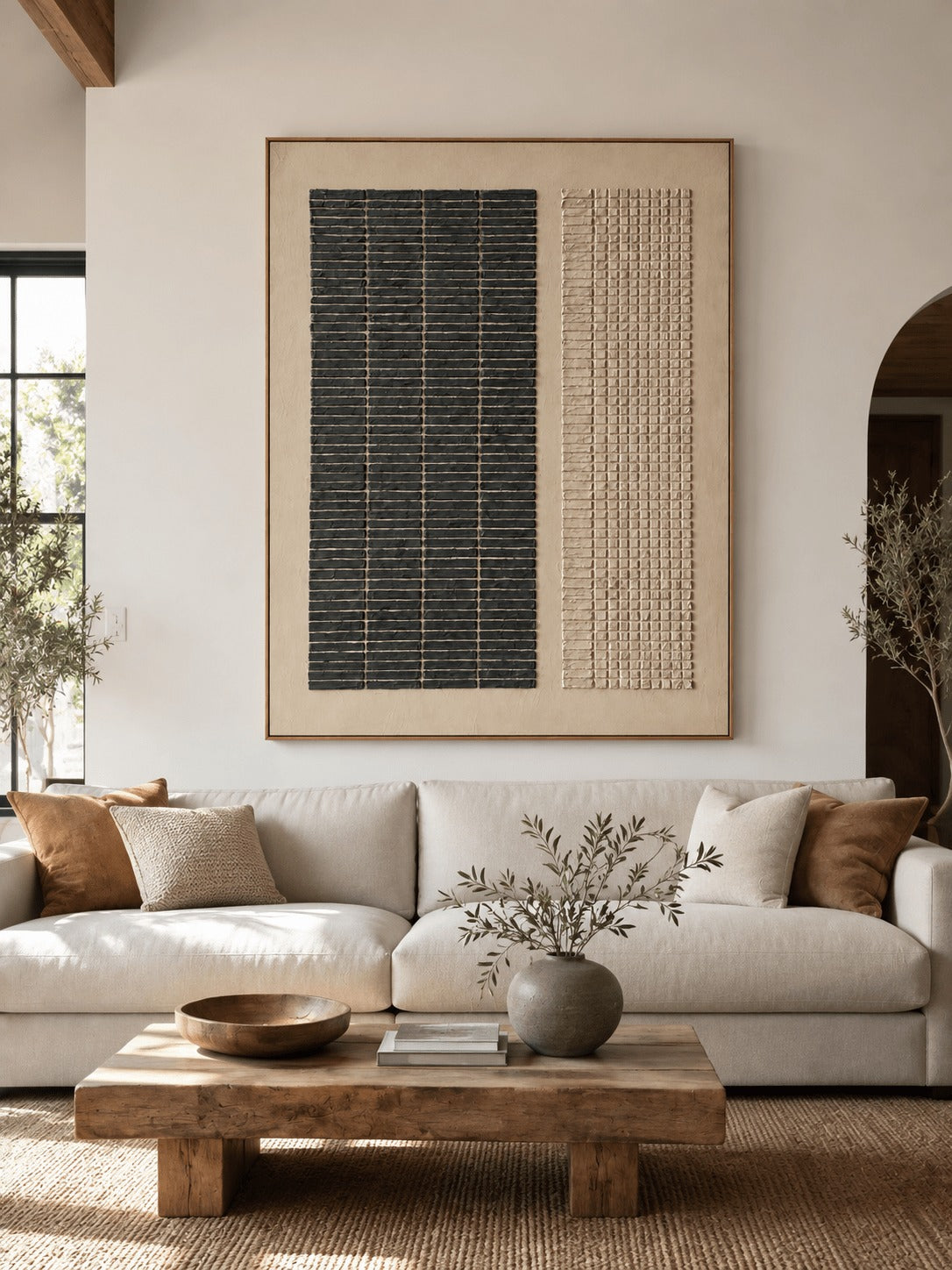 Black & Beige Textured Geometric Wall Art _ Wabi Sabi Painting –SJ#0109