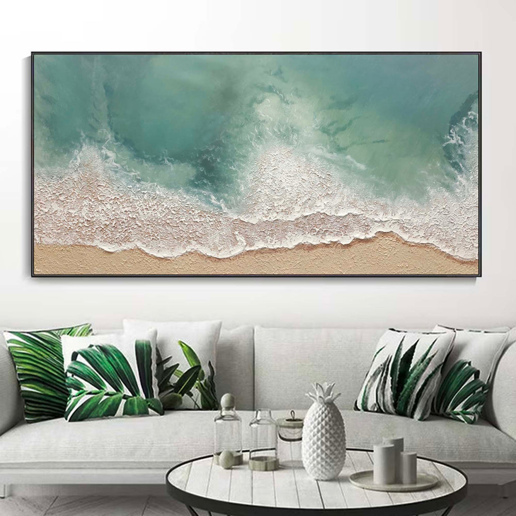 Light Green Ocean Wave Painting Beige Green Minima-SJ#0255