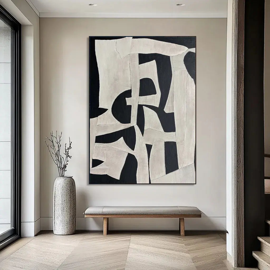 Black Beige Abstract Wall Art Large Textured Modern Painting Wabi Sabi Minimalist Canvas - In Room Setting | Seegart Wall Art