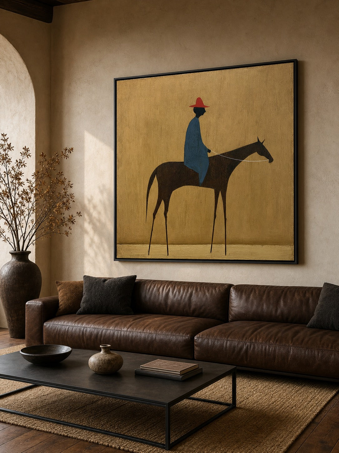 Modern Figurative Oil Painting Of Rider And Horse With Textured Beige Background For Living Room - In Room Setting | Seegart Wall Art