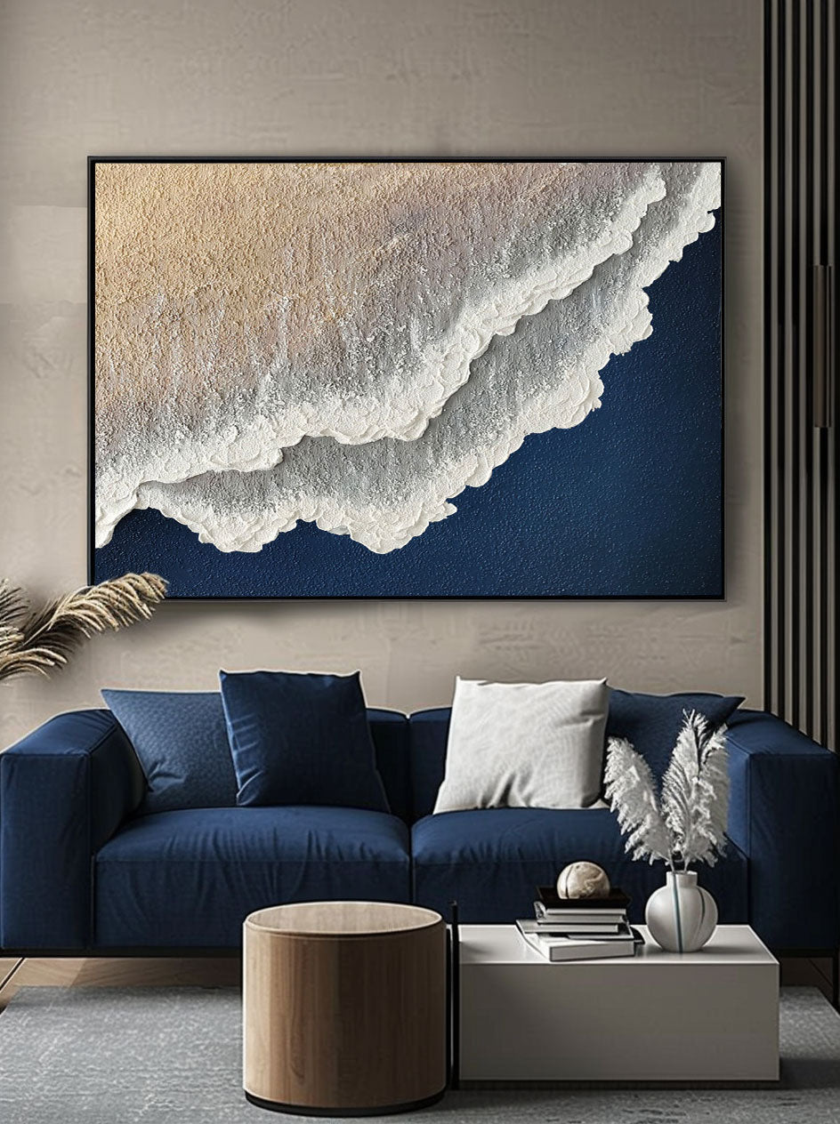 Navy Blue White Abstract Ocean Painting 3D White And Blue Minimalist Ocean Waves Art M-SJ#0202