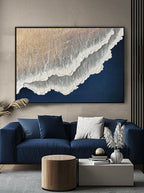 Navy Blue White Abstract Ocean Painting 3D White And Blue Minimalist Ocean Waves Art M-SJ#0202