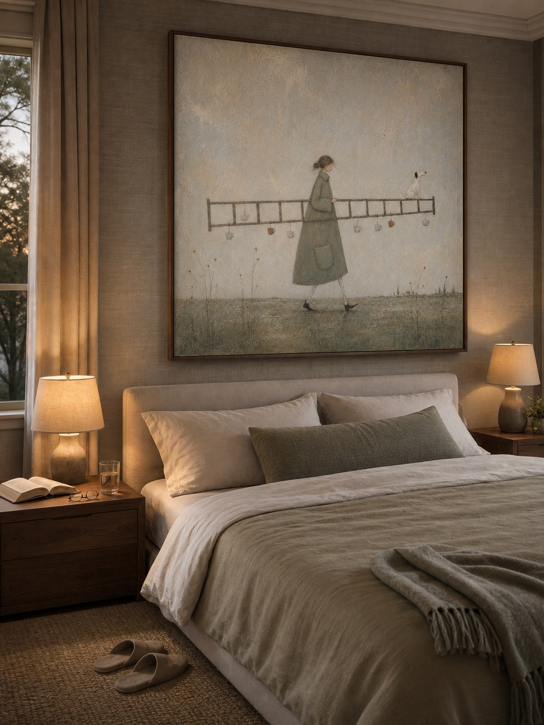 Original Man With Ladder Oil Painting Handmade Whimsical Wall Art For Living Room-SJ#0187