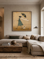 Original Hand Painted Umbrella Dog Fishing Painting Whimsical Storybook Wall Art-SJ#0188