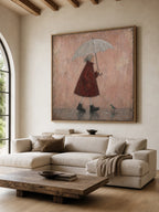 Rainy Day Painting Red Coat Woman Canvas Wall Art Soft Minimalist Decor-SJ#0190