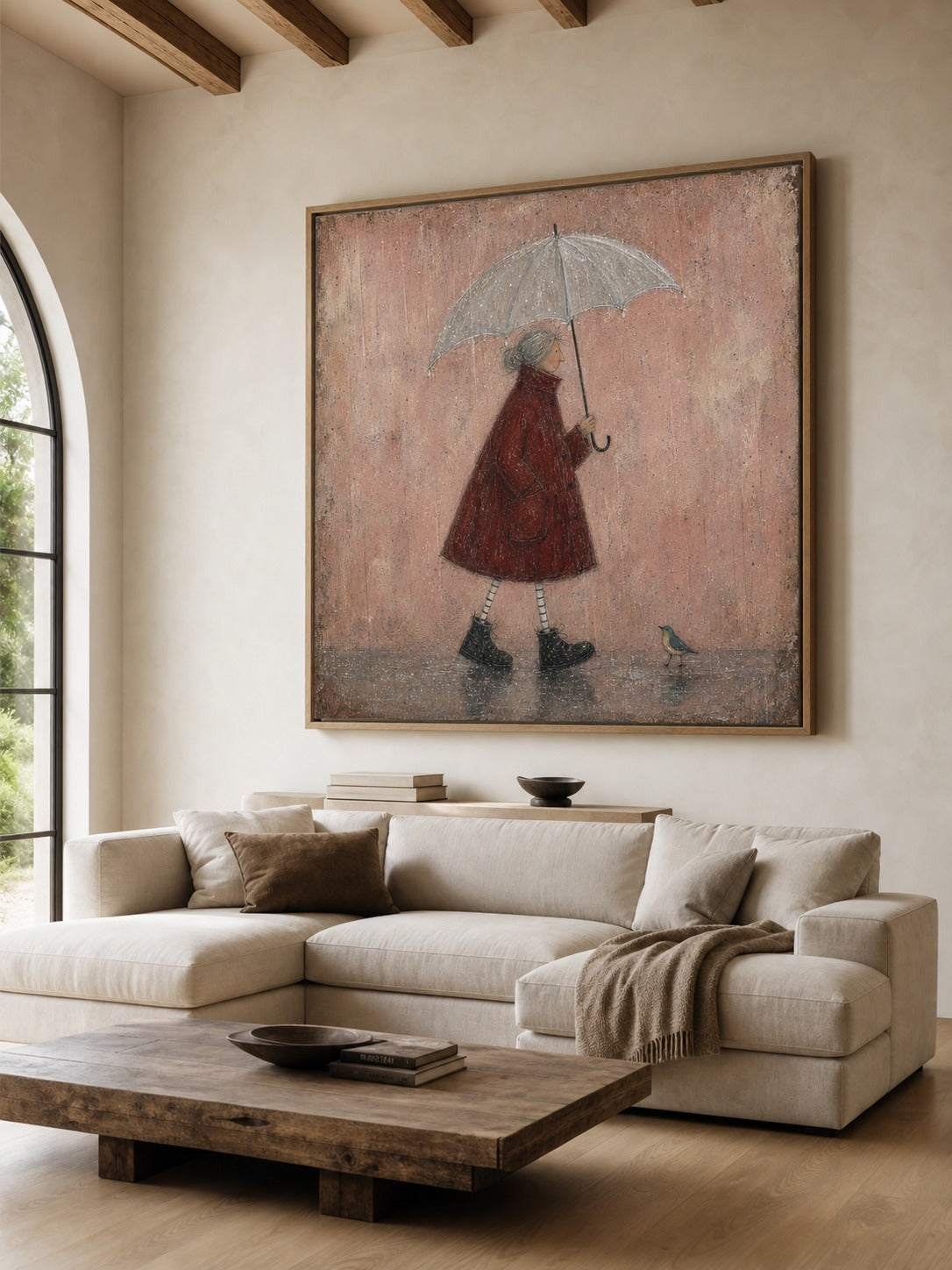 Rainy Day Painting Red Coat Woman Canvas Wall Art Soft Minimalist Decor-SJ#0190