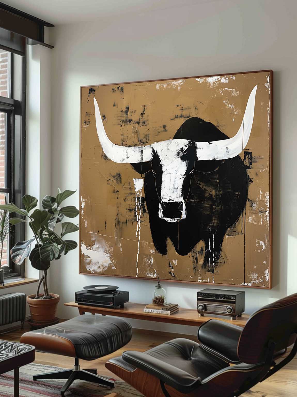 Retro White And Black Bull Horns Wall Art Vintage - In Room Setting | Seegart Wall Art
