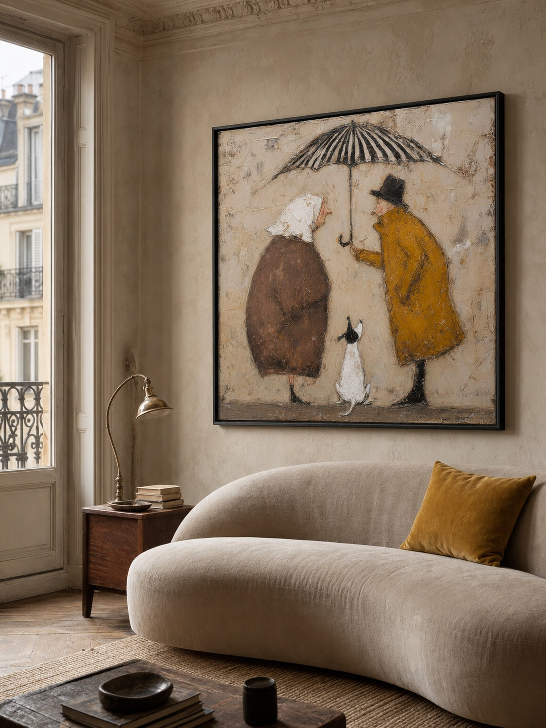 Romantic Vintage Couple Painting On Canvas Dog And Umbrella Wall Art Decor Gift-SJ#0181