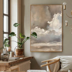 Vintage Beige And Brown Cloud Wall Art Cloudy Sky Oil Painting Vintage Neutral Cloud Painting-SJ#0208