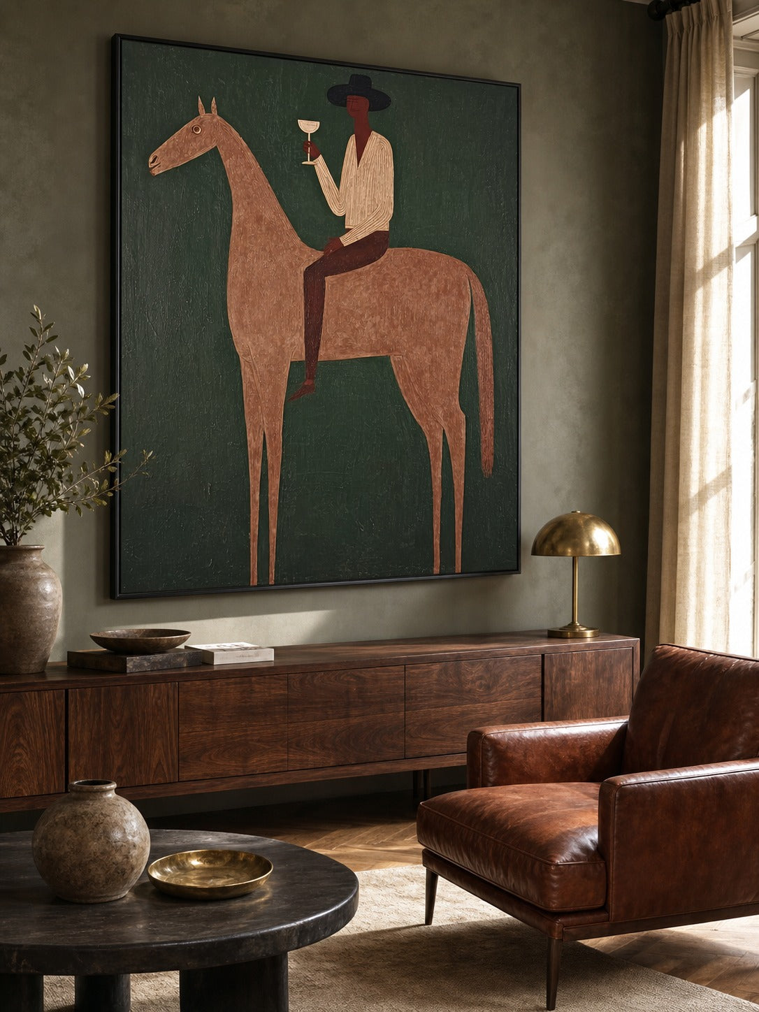 Vintage Equestrian Art Print Featuring Gentleman On Horse With Green Background For Living Room Deco - In Room Setting | Seegart Wall Art