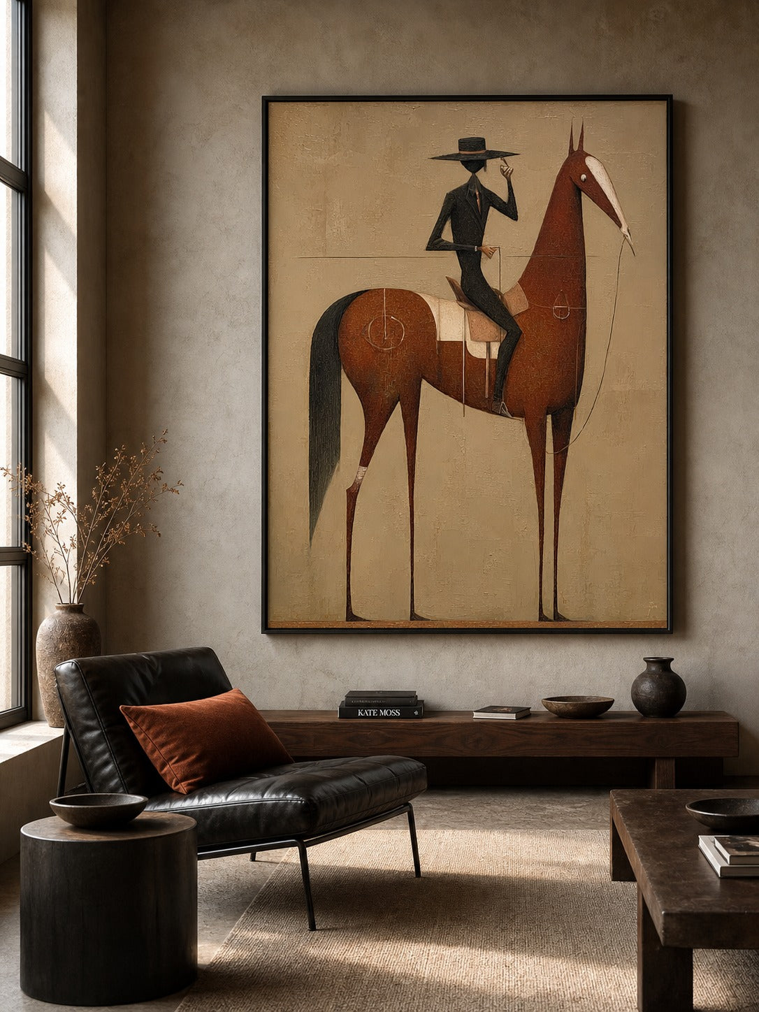 Vintage Equestrian Oil Painting Brown Horse Rider Vertical Canvas Wall Decor For Living Room - In Room Setting | Seegart Wall Art