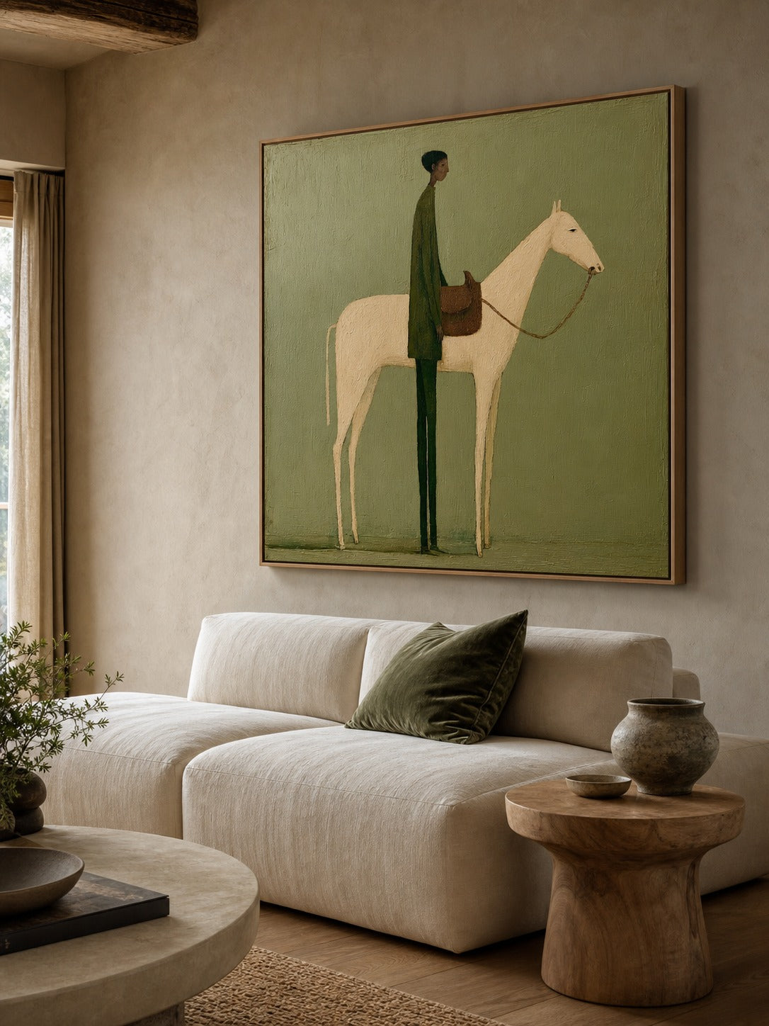 Vintage Figure And Horse Oil Painting Minimalist Horse And Figure Hand-Painted Wall Art - Texture Detail Closeup | Seegart