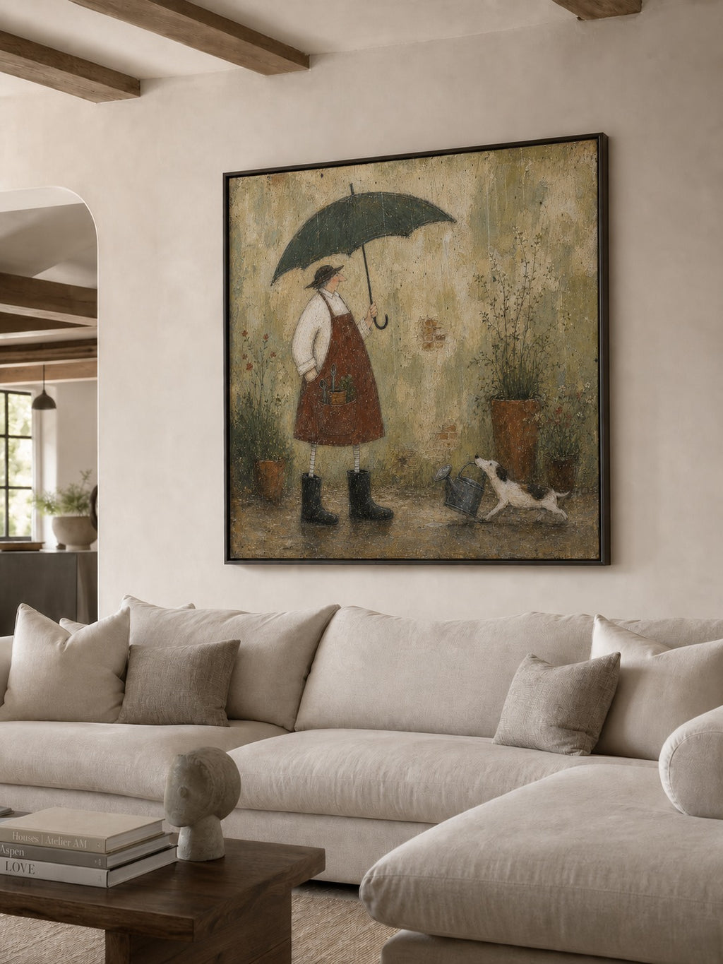 Vintage Gardener With Dog Painting In Earthy Tones For Cozy Home Decor-SJ#0184