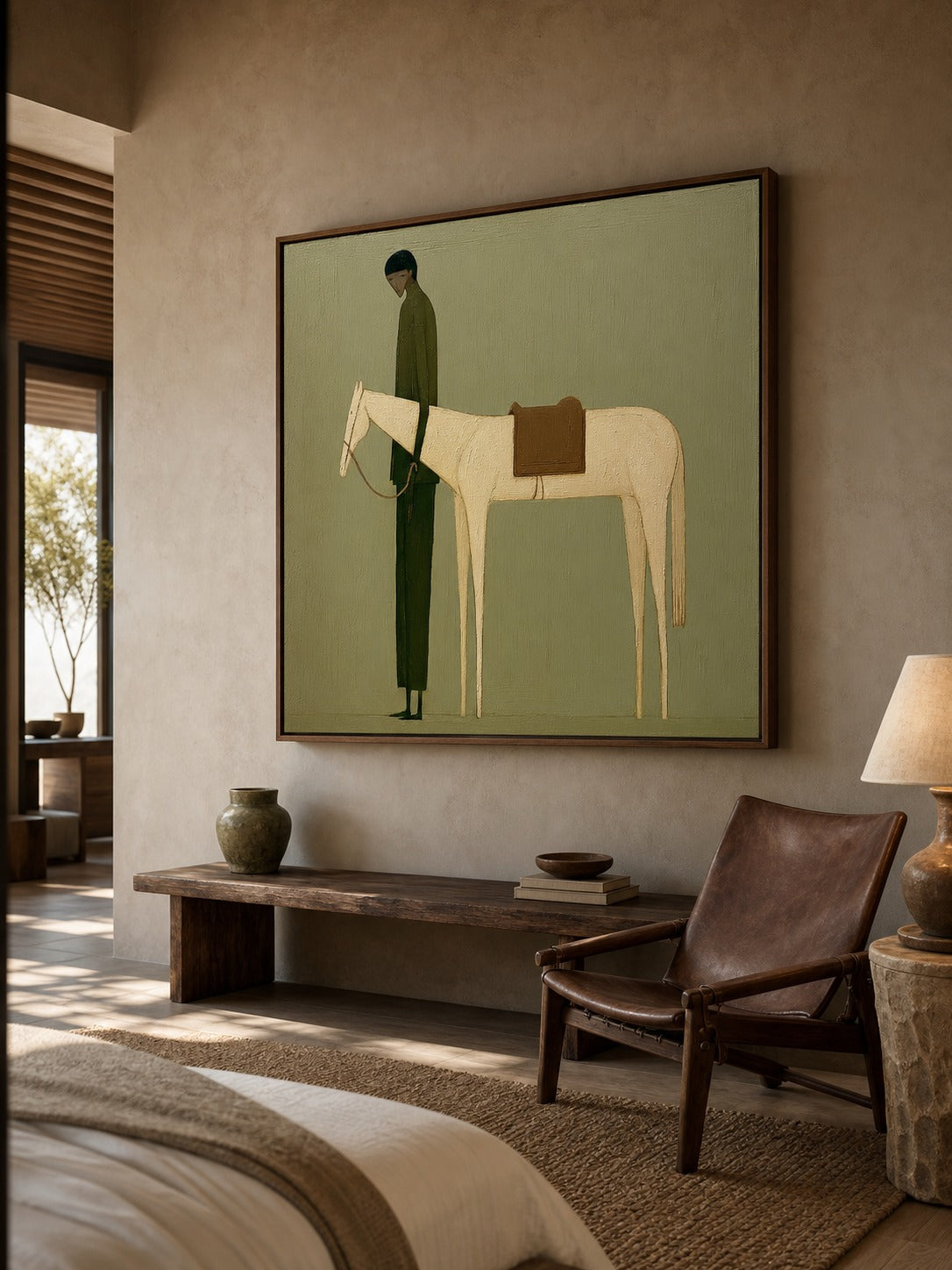 Vintage Green Horse Painting Original Oil On Linen For Modern Home Decor - View 4 | Seegart Abstract Art