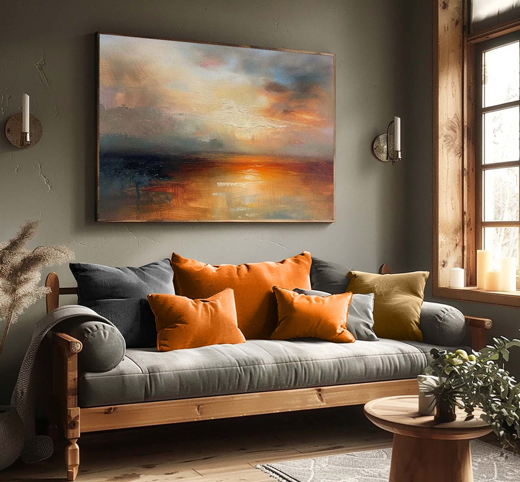 Vintage Hand-Painted Abstract Sea Level Oil Painti-SJ#0263