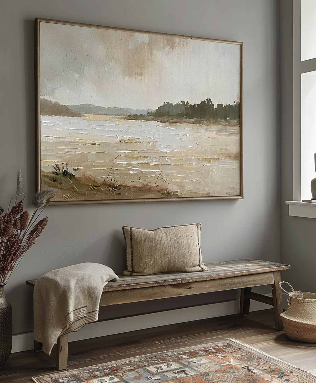 Vintage Lake Landscape Oil Painting Rustic Lake Ar-SJ#0211