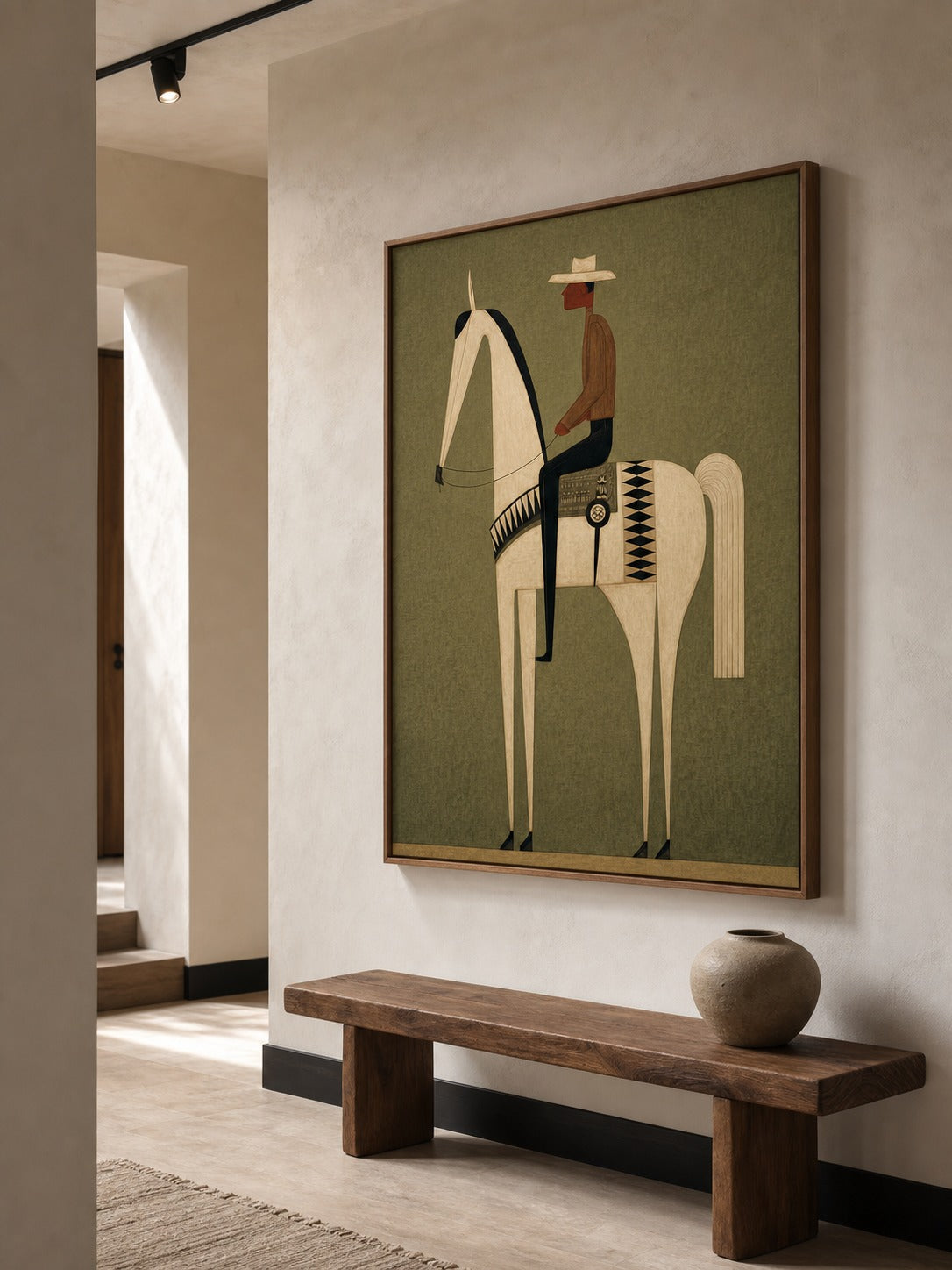 Vintage Minimalist Horse And Cowboy With Earthy Green Tones For Modern Home Decor - Texture Detail Closeup | Seegart