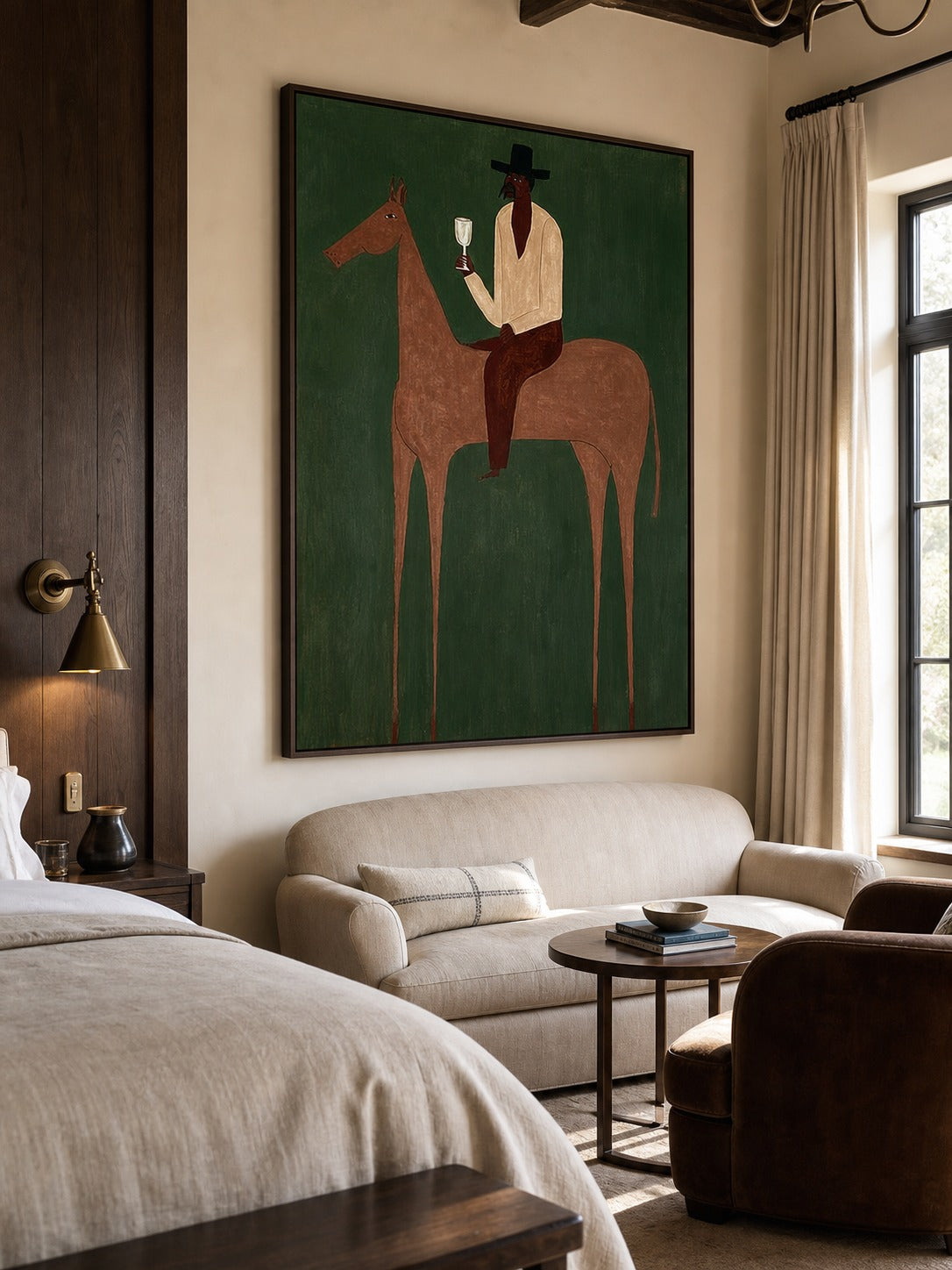 Vintage Minimalist Horse Oil Painting Framed Green Canvas Wall Art For Bedroom Sanctuary - View 5 | Seegart Abstract Art