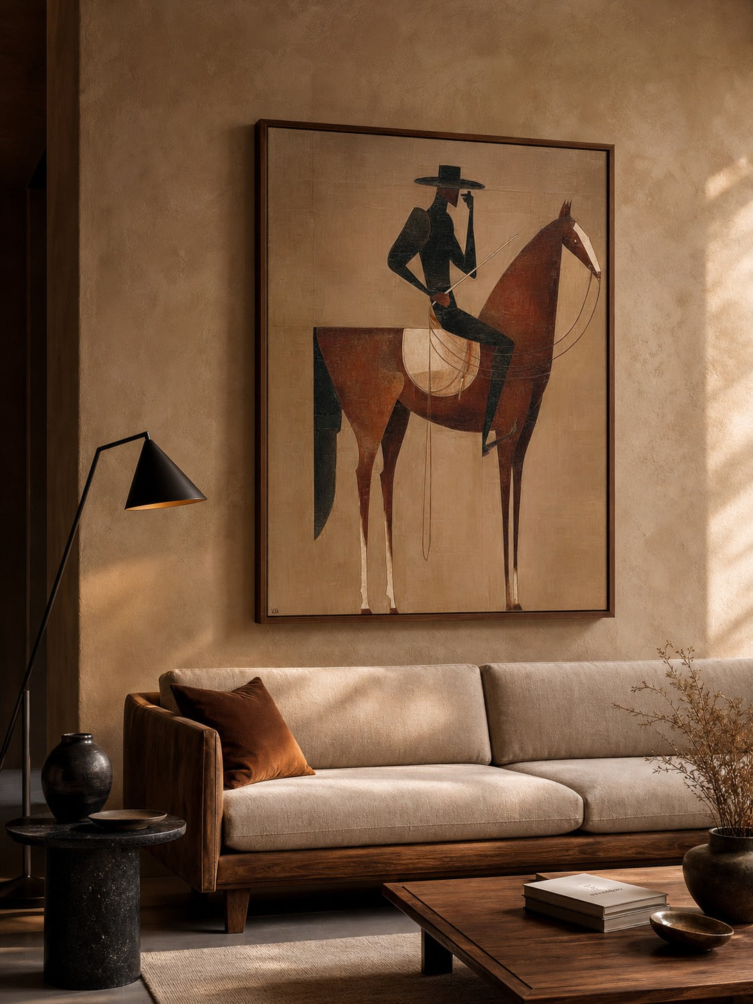 Vintage Minimalist Horse Painting Framed Cowboy Canvas Wall Art For Bedroom Sanctuary-SJ#0233