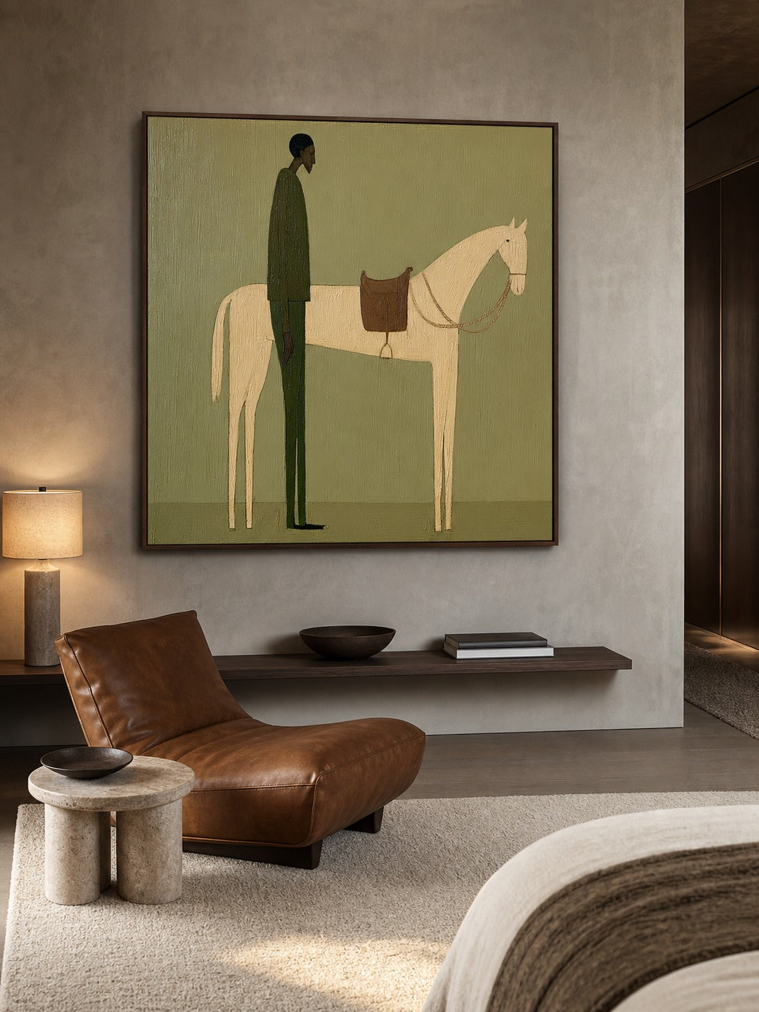 Vintage Minimalist Oil Painting Of Man With Horse In Large Framed Canvas Art - In Room Setting | Seegart Wall Art