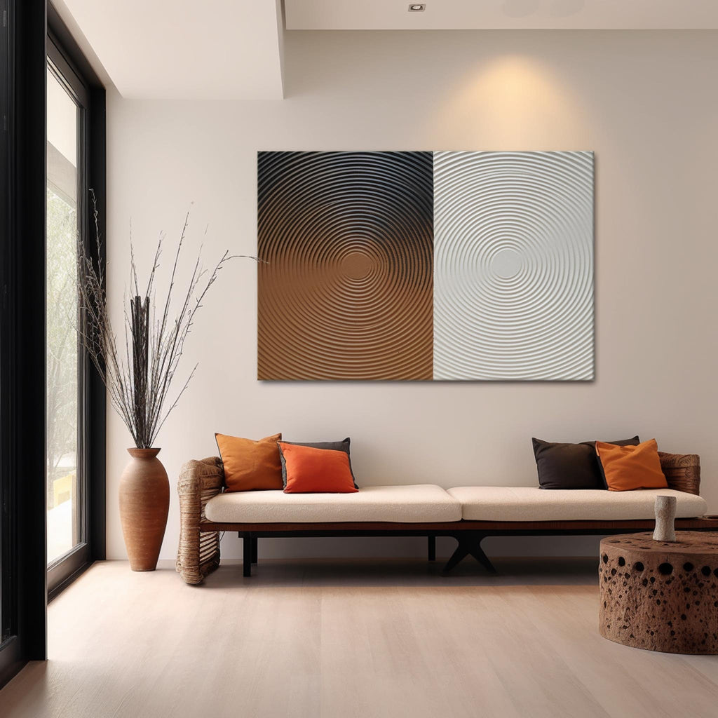 White Plaster Abstract Texture Painting White And Black Textured Wall Art Round Textured Canvas Art –SJ#0164