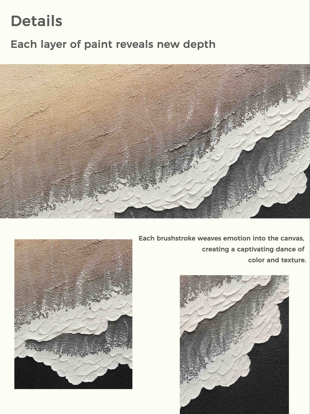 3D White And Black Minimalist Ocean Waves Art Large White And Black Minimalist Beach Pain - Texture Detail Closeup | Seegart