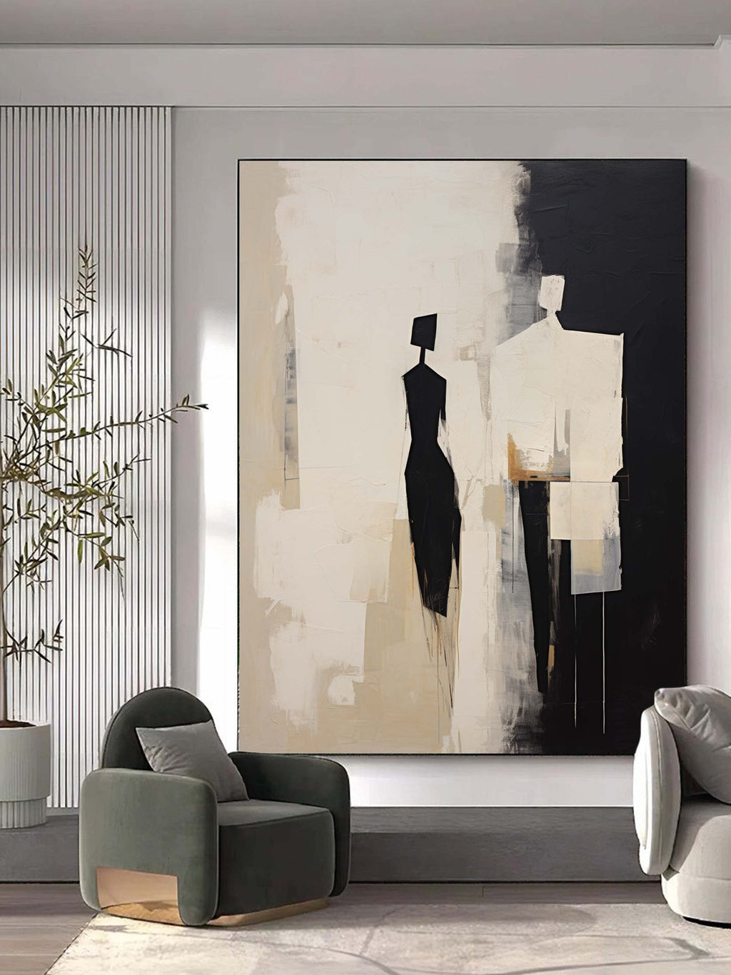 Beige Abstract Canvas Art Beige Minimalist Painting Black and-SJ#0333