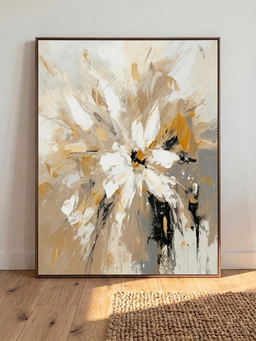 Gold Abstract Floral Wall Art, Neutral Abstract Floral Painting - Texture Detail Closeup | Seegart