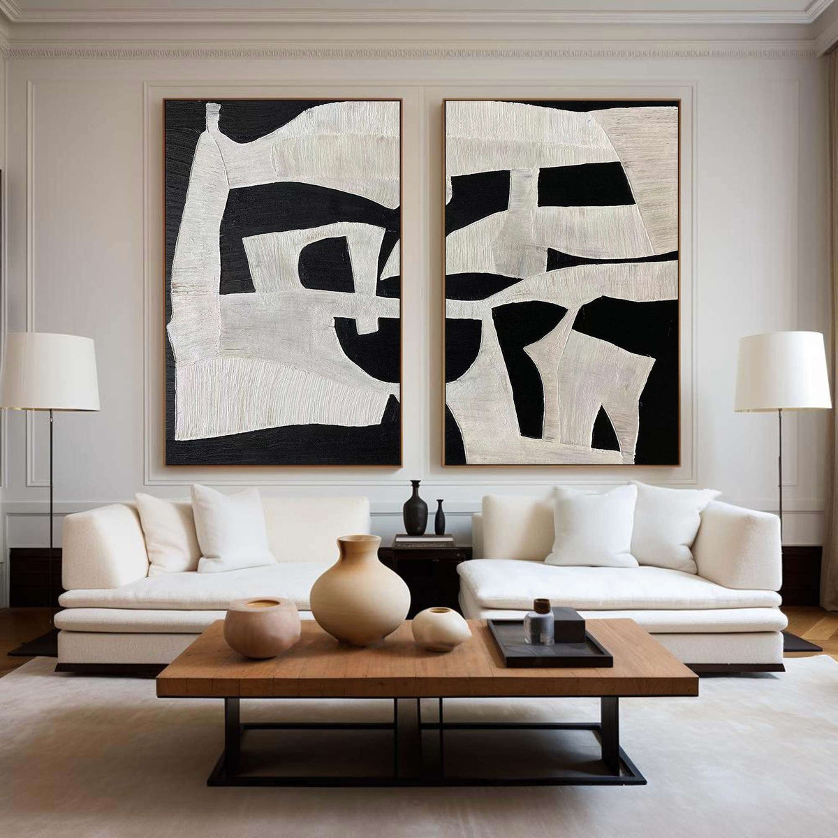 Black & White Textured Wall Art Modern Abstract Painting Set of 2 Minimalist Canvas - In Room Setting | Seegart Wall Art