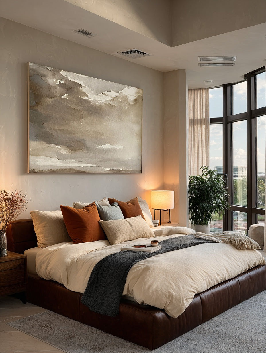 Large Minimalist Brown Landscape Painting Beige Br-SJ#0213