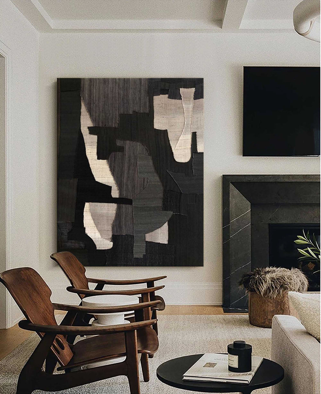 Large Textured Minimalist Abstract Geometric Painting Black Wabi Sabi Minimal Wall Art-SJ#0256