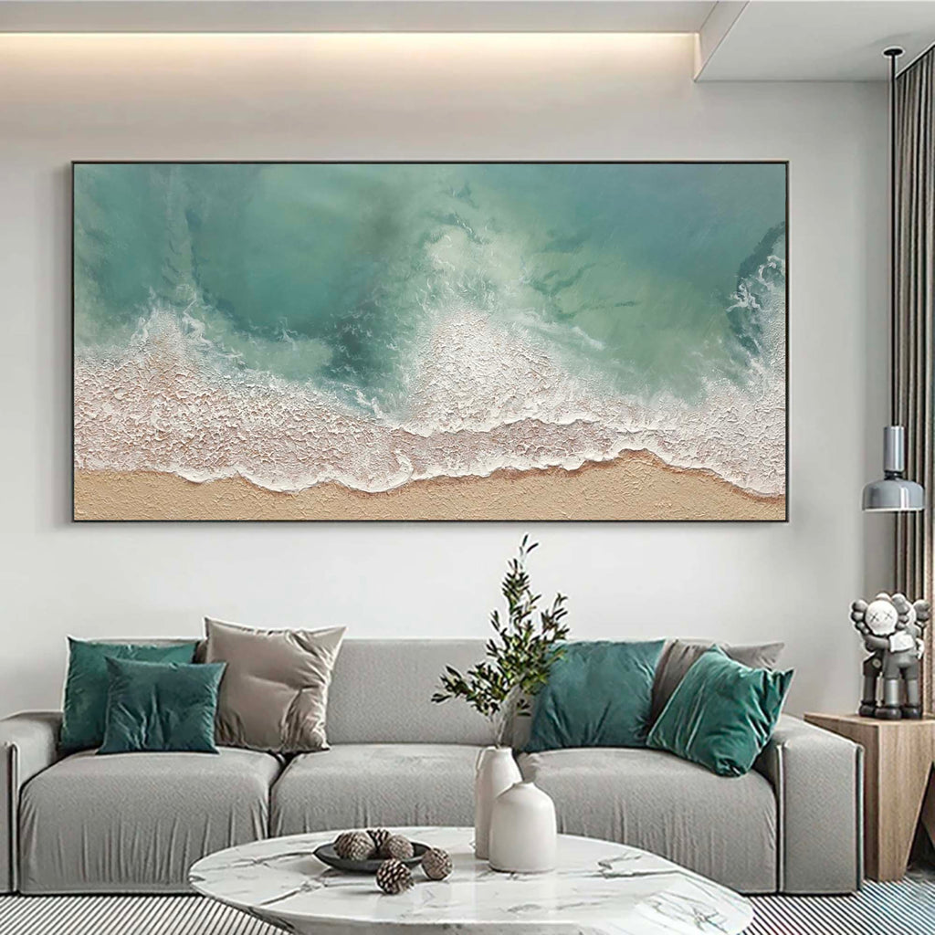 Light Green Ocean Wave Painting Beige Green Minima-SJ#0255